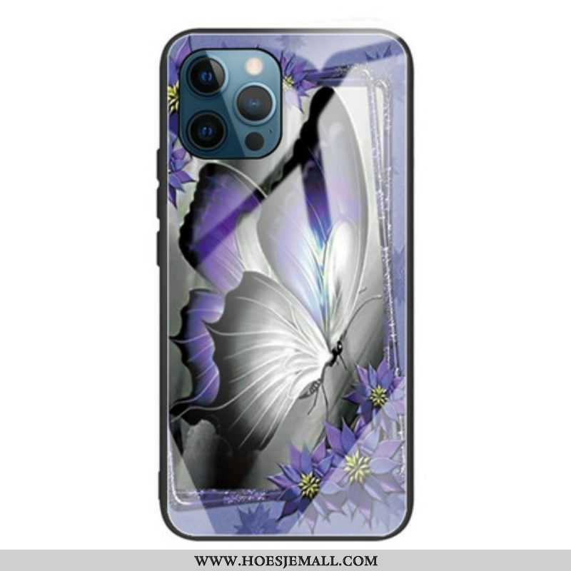 Hoesje voor iPhone 13 Pro Paars Vlinder Gehard Glas