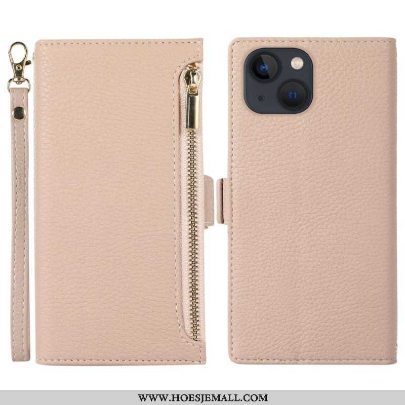 Folio-hoesje voor iPhone 14 Plus Met Ketting Litchi Leer Met Riem En Ritssluiting