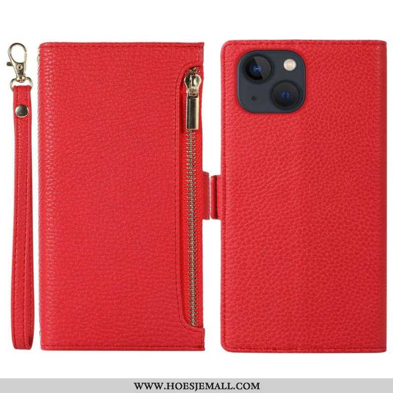 Folio-hoesje voor iPhone 14 Plus Met Ketting Litchi Leer Met Riem En Ritssluiting