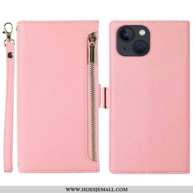 Folio-hoesje voor iPhone 14 Plus Met Ketting Litchi Leer Met Riem En Ritssluiting