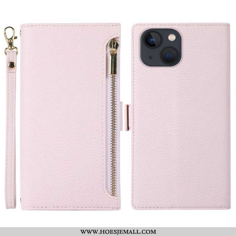 Folio-hoesje voor iPhone 14 Plus Met Ketting Litchi Leer Met Riem En Ritssluiting