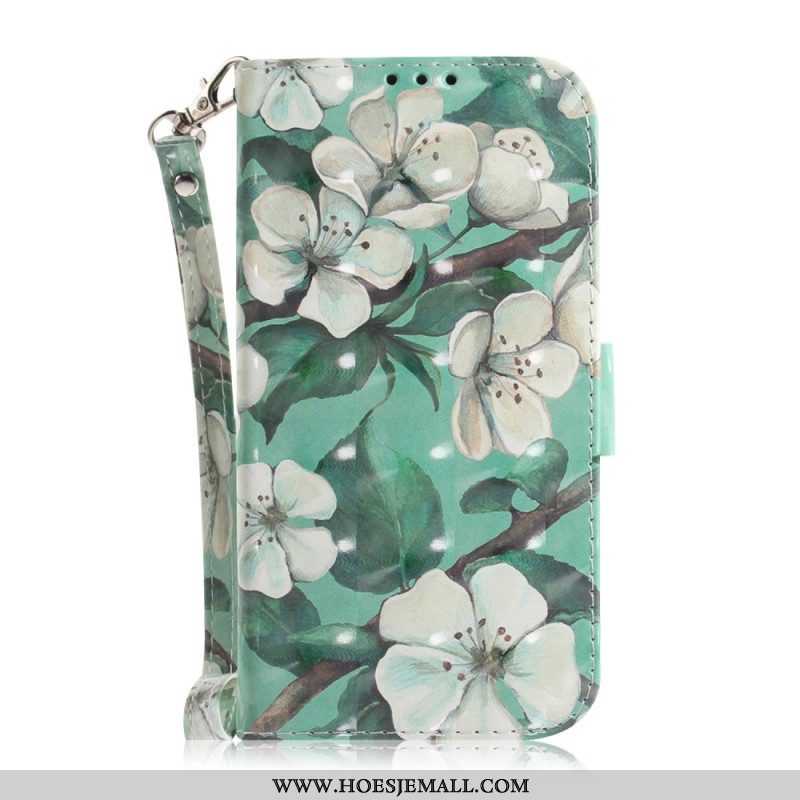 Leren Hoesje voor iPhone 14 Plus Met Ketting Riem Bloemtakken