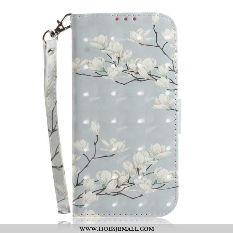 Leren Hoesje voor iPhone 14 Plus Met Ketting Riem Bloemtakken