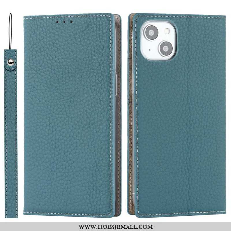 Bescherming Hoesje voor iPhone 14 Plus Met Ketting Folio-hoesje Echte Litchi Lederen Band