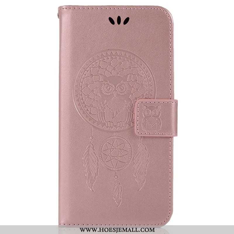 Flip Case voor iPhone 14 Pro Max Met Ketting Uil Dromenvanger Met Riem