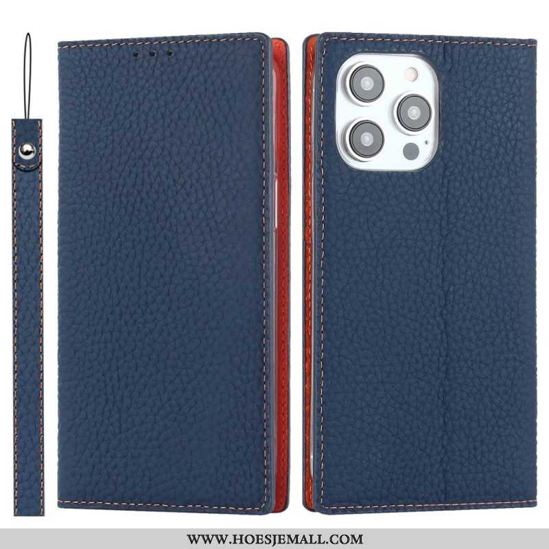 Bescherming Hoesje voor iPhone 14 Pro Max Met Ketting Folio-hoesje Echte Litchi Lederen Band