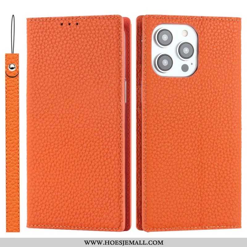 Bescherming Hoesje voor iPhone 14 Pro Met Ketting Folio-hoesje Echte Litchi Lederen Band