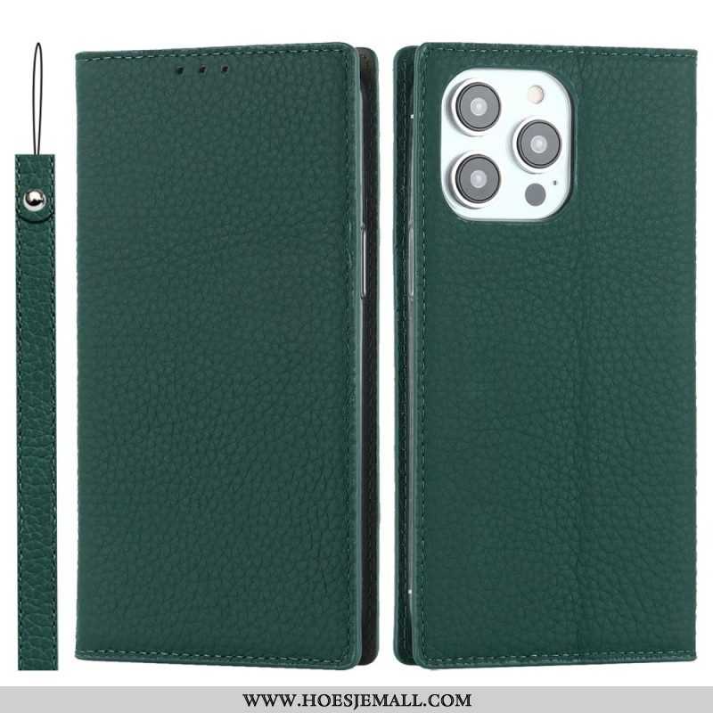 Bescherming Hoesje voor iPhone 14 Pro Met Ketting Folio-hoesje Echte Litchi Lederen Band