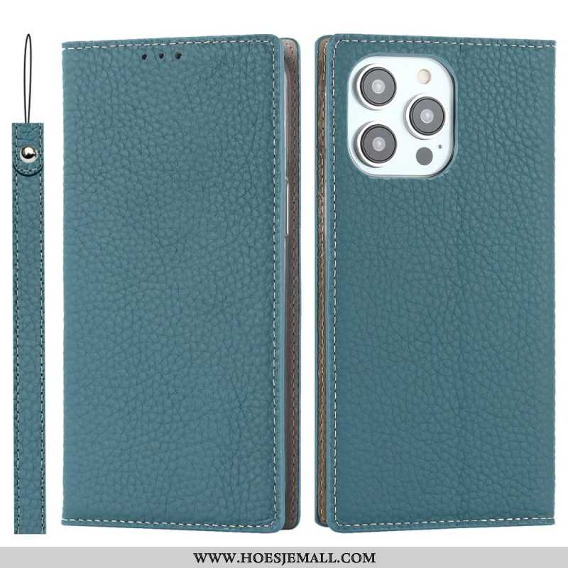 Bescherming Hoesje voor iPhone 14 Pro Met Ketting Folio-hoesje Echte Litchi Lederen Band