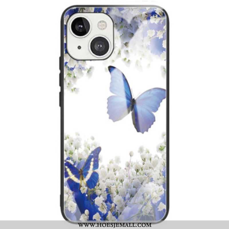 Hoesje voor iPhone 14 Blauwe Vlinders Gehard Glas
