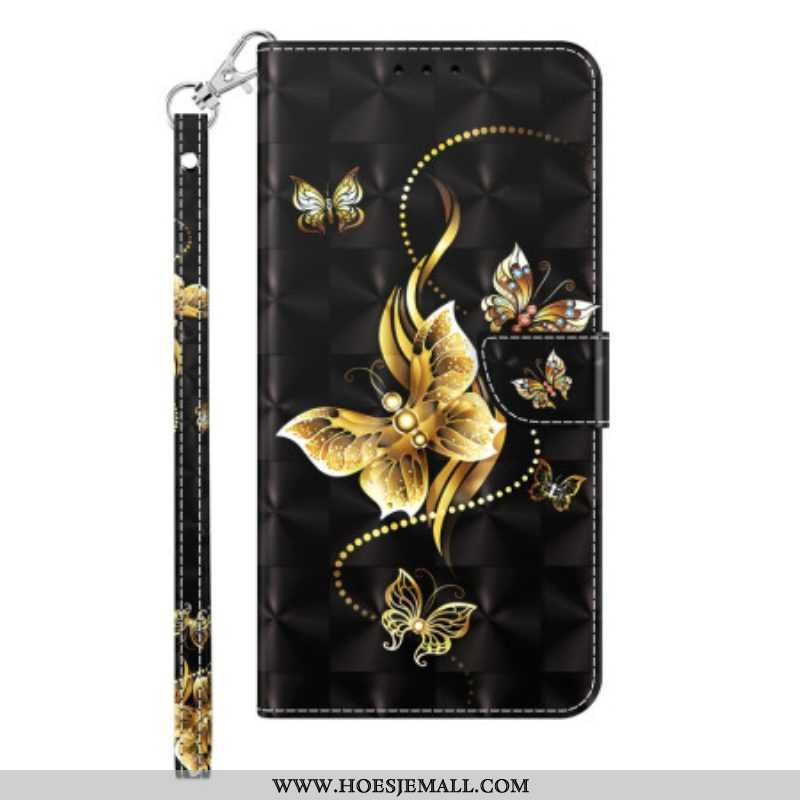 Folio-hoesje voor iPhone 14 Met Ketting Gouden Vlinders Met Riem