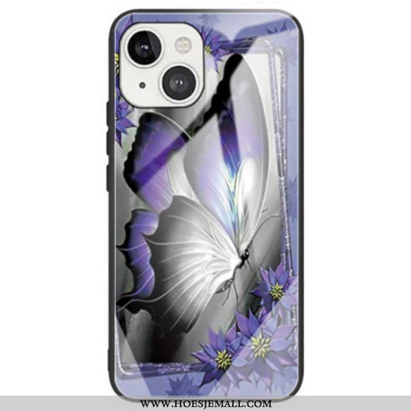 Hoesje voor iPhone 14 Paars Vlinder Gehard Glas