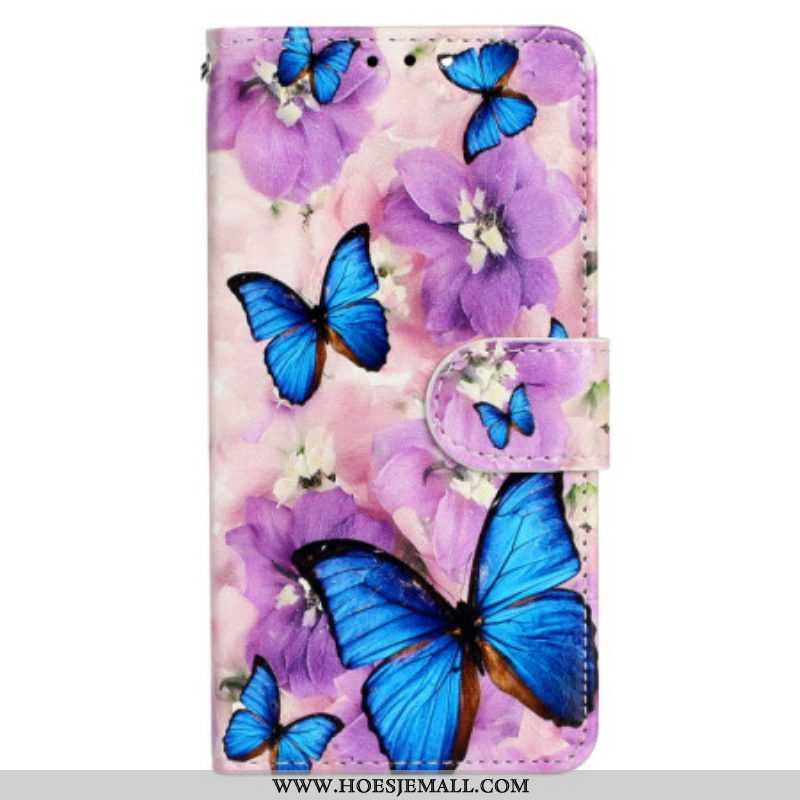 Folio-hoesje voor iPhone 15 Plus Met Ketting Kleine Blauwe Vlinders Met Riempje