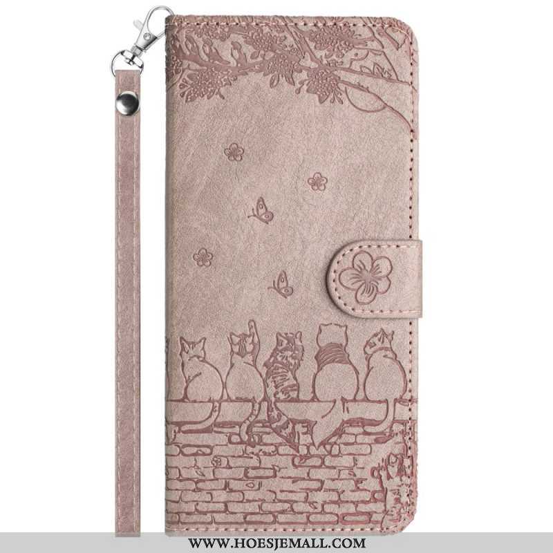 Leren Hoesje voor iPhone 15 Plus Met Ketting Bloemenkat Met Riem