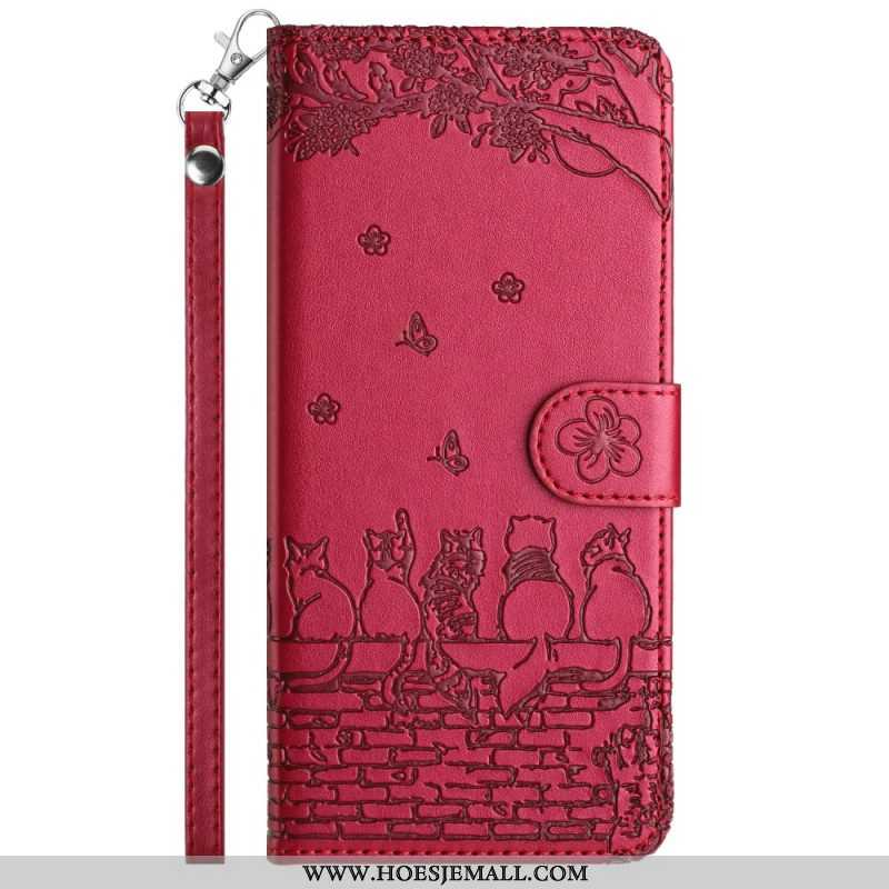 Leren Hoesje voor iPhone 15 Plus Met Ketting Bloemenkat Met Riem