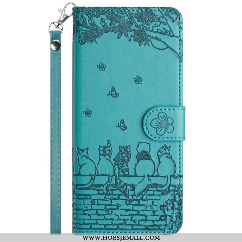 Leren Hoesje voor iPhone 15 Plus Met Ketting Bloemenkat Met Riem