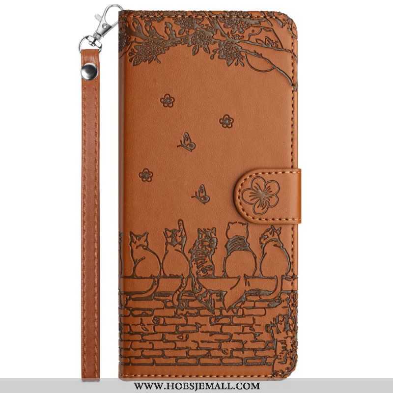 Leren Hoesje voor iPhone 15 Plus Met Ketting Bloemenkat Met Riem