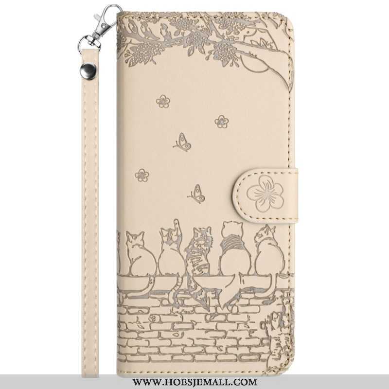 Leren Hoesje voor iPhone 15 Plus Met Ketting Bloemenkat Met Riem