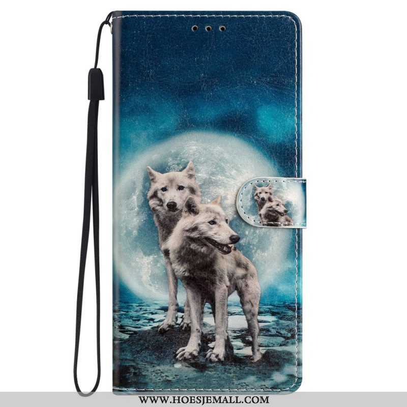 Leren Hoesje voor iPhone 15 Plus Met Ketting Lanyard Wolven