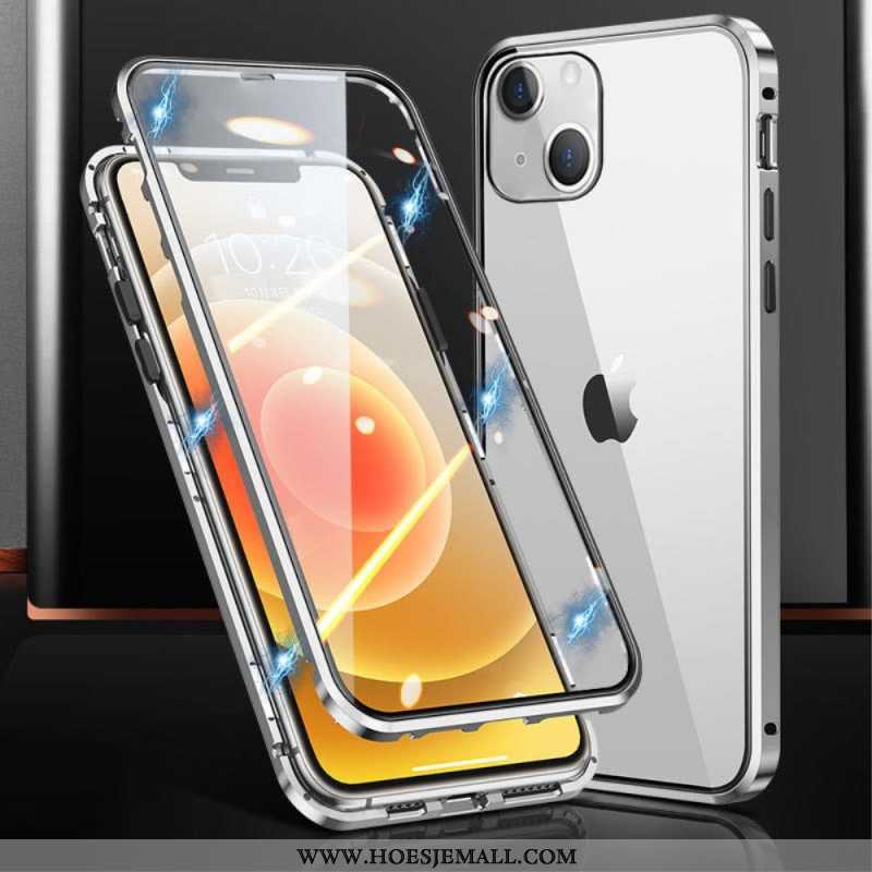 Hoesje voor iPhone 15 Plus Metalen Frame Voor En Achter Van Gehard Glas