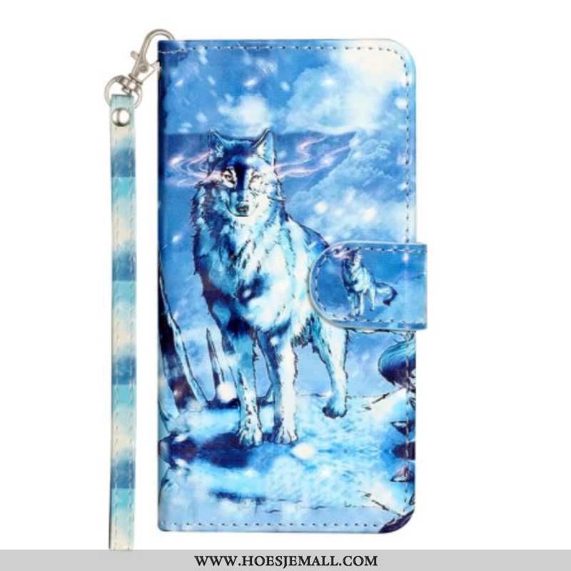 Leren Hoesje voor iPhone 15 Plus Met Ketting 3d Wolf Met Riem