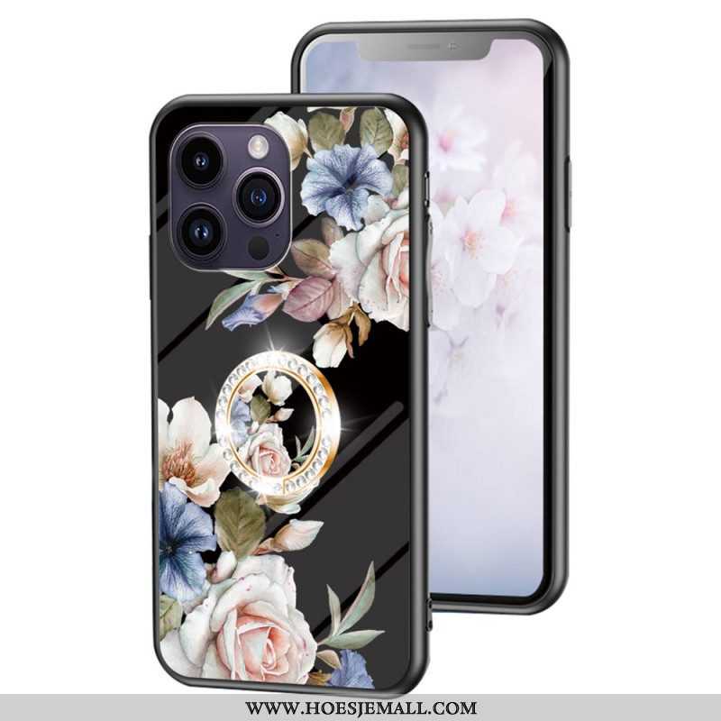 Telefoonhoesje voor iPhone 15 Pro Max Gebloemd Gehard Glas Met Steunring