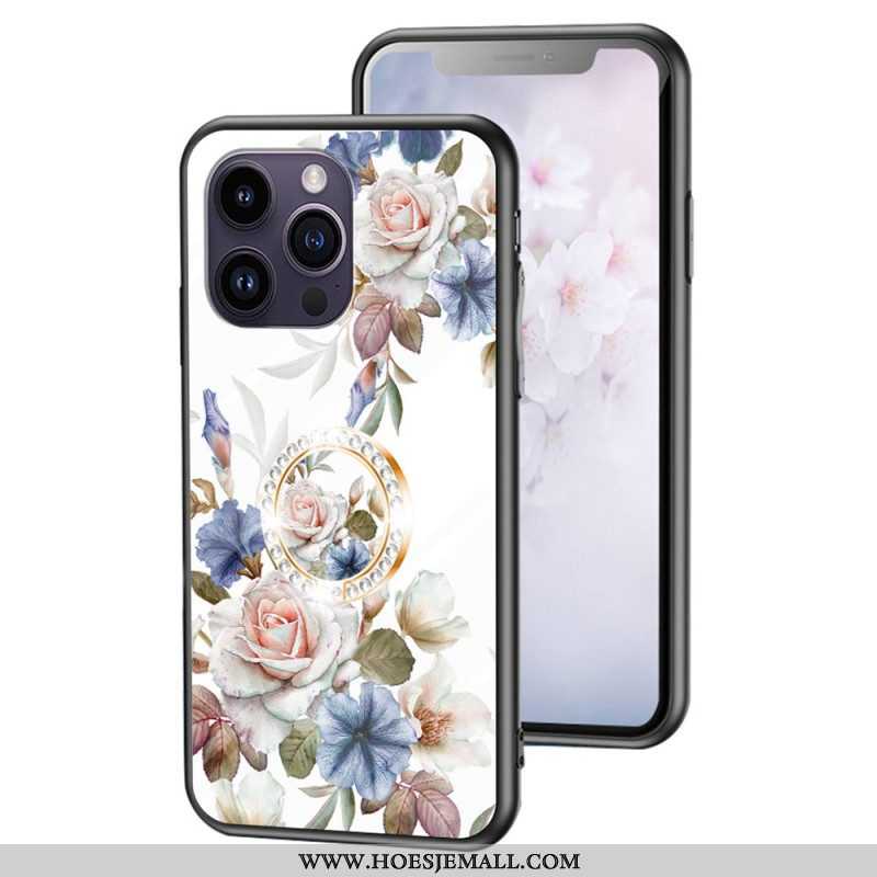 Telefoonhoesje voor iPhone 15 Pro Max Gebloemd Gehard Glas Met Steunring