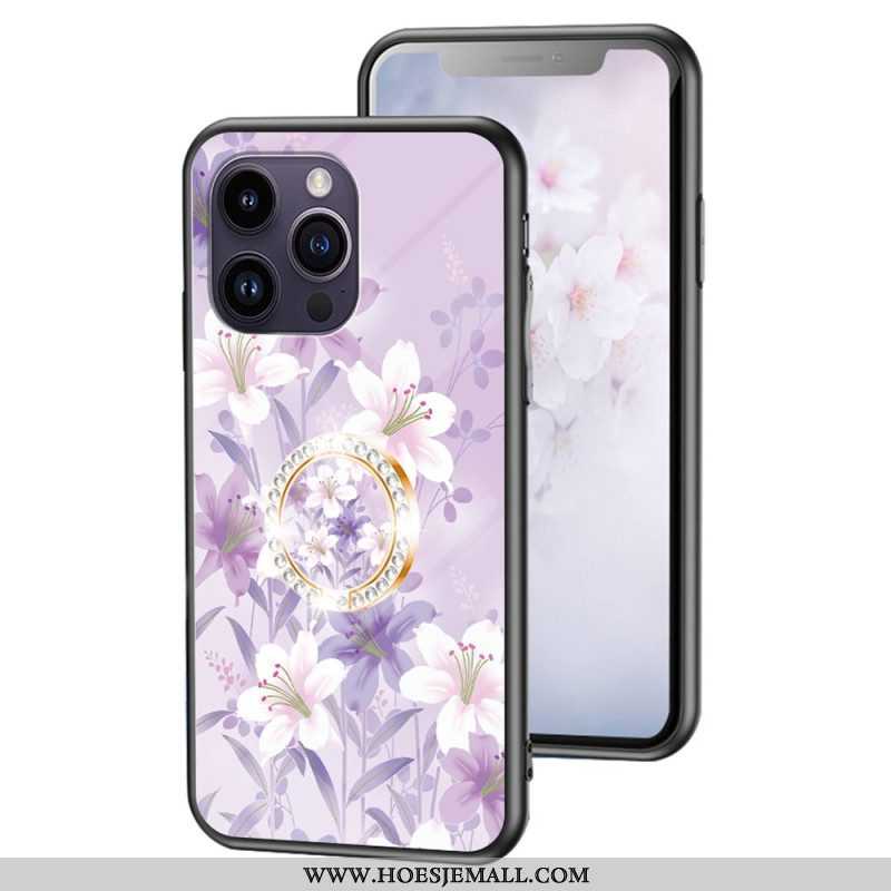 Telefoonhoesje voor iPhone 15 Pro Max Gebloemd Gehard Glas Met Steunring