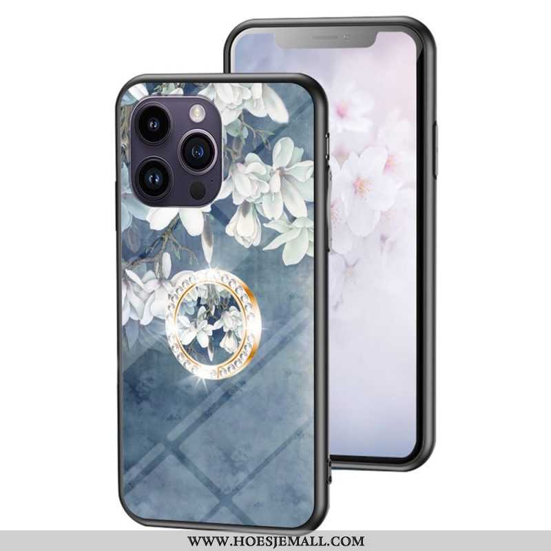 Telefoonhoesje voor iPhone 15 Pro Max Gebloemd Gehard Glas Met Steunring