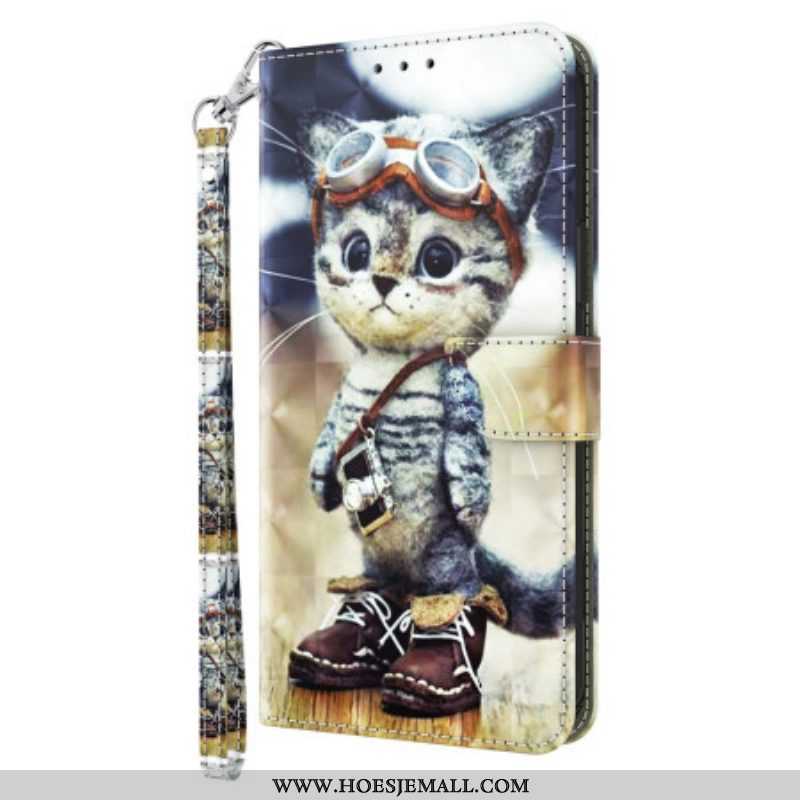 Flip Case voor iPhone 15 Pro Met Ketting Vliegenier Kat Met Riem