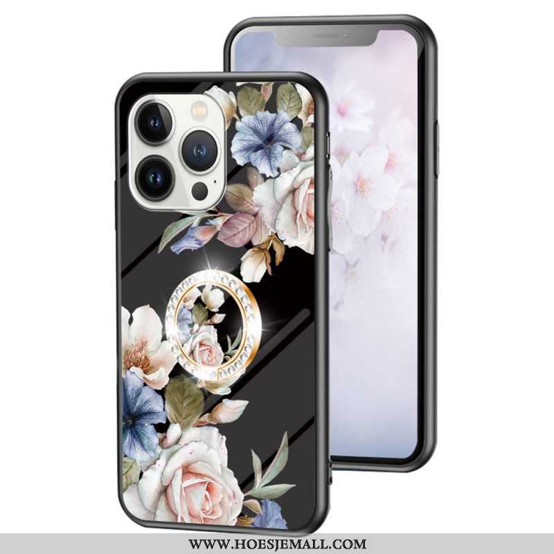 Hoesje voor iPhone 15 Pro Gebloemd Gehard Glas Met Steunring