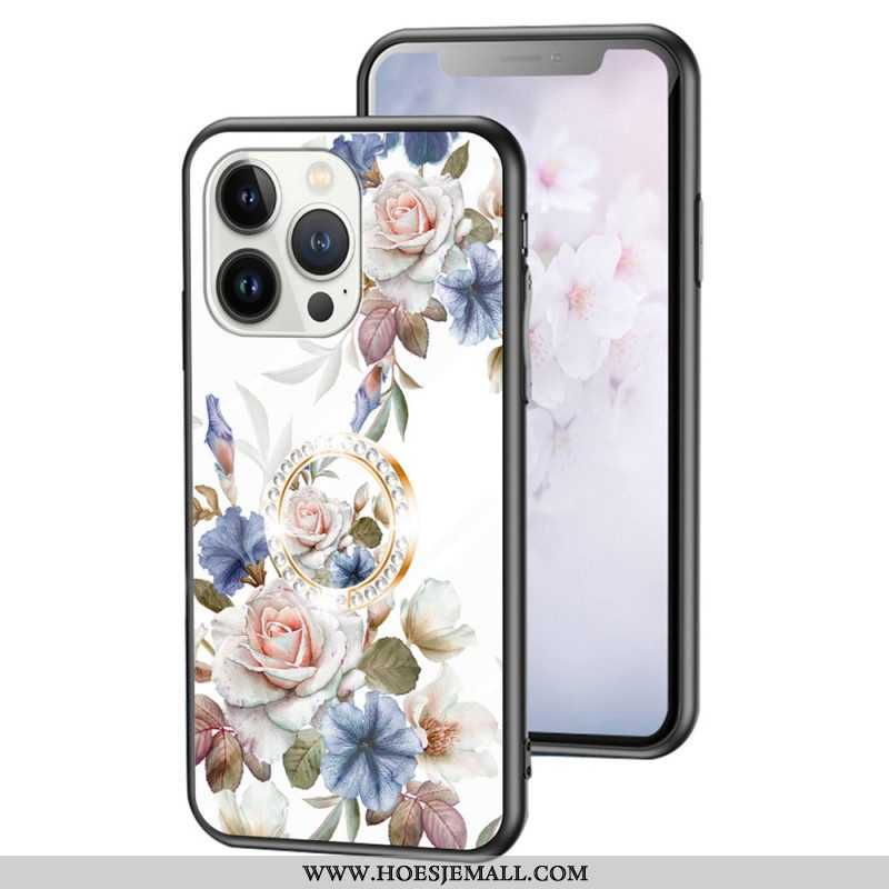 Hoesje voor iPhone 15 Pro Gebloemd Gehard Glas Met Steunring