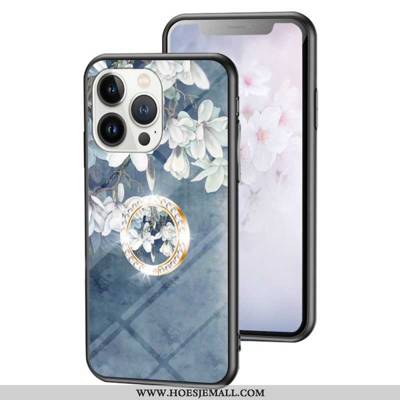 Hoesje voor iPhone 15 Pro Gebloemd Gehard Glas Met Steunring