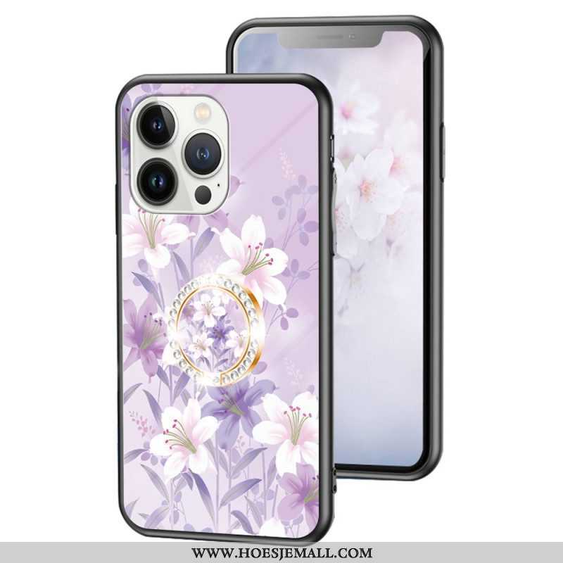 Hoesje voor iPhone 15 Pro Gebloemd Gehard Glas Met Steunring