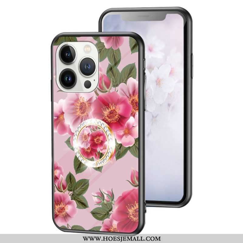 Hoesje voor iPhone 15 Pro Gebloemd Gehard Glas Met Steunring