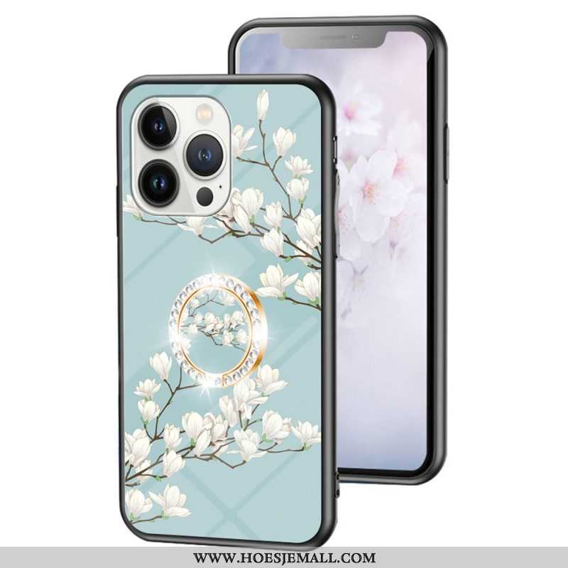 Hoesje voor iPhone 15 Pro Gebloemd Gehard Glas Met Steunring