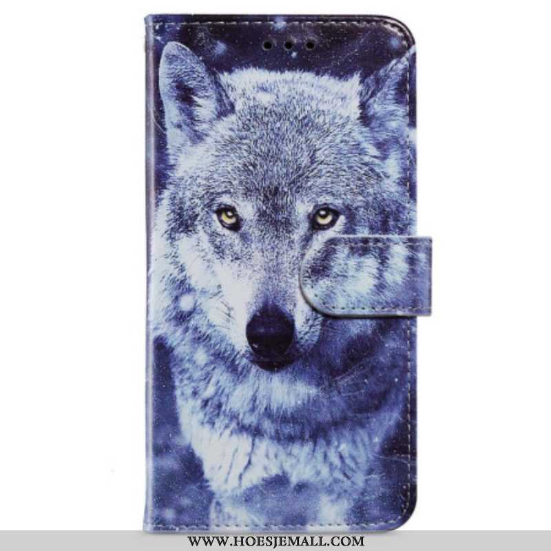 Leren Hoesje voor iPhone 15 Met Ketting Witte Wolf Met Riem