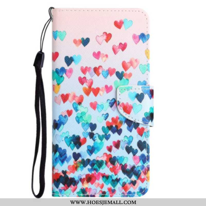 Leren Hoesje voor iPhone 15 Met Ketting Hartenregen Met Riem