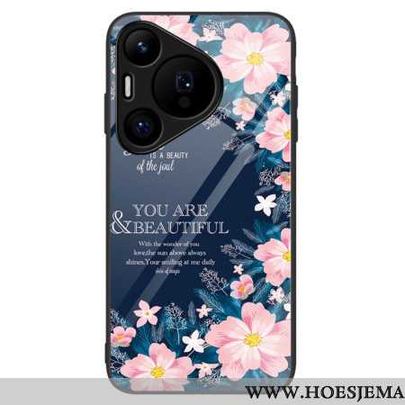 Hoesje Huawei Pura 70 Roze Bloemen Van Gehard Glas Bescherming Hoesje