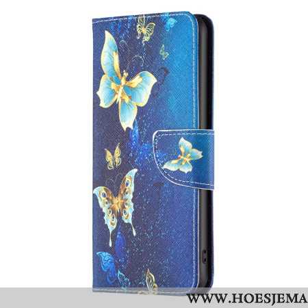 Folio-hoesje Oneplus 12 5g Telefoonhoesje Gouden Vlinders Op Blauwe Achtergrond