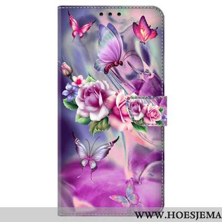 Leren Hoesje Oppo A98 5g Vlinders En Violette Bloemen Bescherming Hoesje