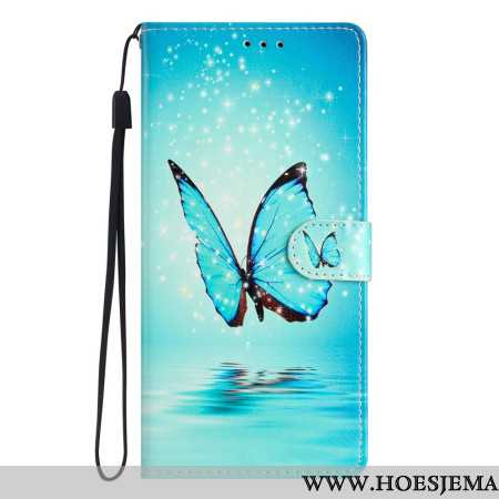 Leren Hoesje Voor Oppo A98 5g Blauwe Vlinder Met Riem