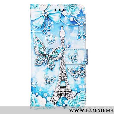 Leren Hoesje Oppo Reno 11 5g Eiffeltoren En Vlinders Met Riem