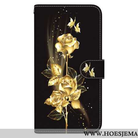 Flip Case Leren Oppo Reno 11 5g Gouden En Roze Vlinders Met Riem