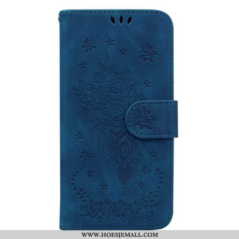 Leren Hoesje Voor Oppo Reno 11 5g Bloemenpatroon Met Suède-effect En Riempje