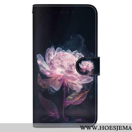 Leren Hoesje Oppo Reno 11 5g Paarse Pioen Met Riem Bescherming Hoesje