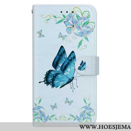 Folio-hoesje Oppo Reno 11 5g Telefoonhoesje Blauwe Vlinder En Bloemen Met Riempje