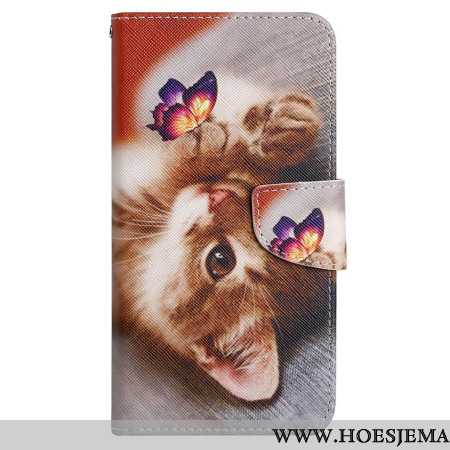 Leren Hoesje Samsung Galaxy A15 5g Vlinder- En Kattenprint Met Riempje