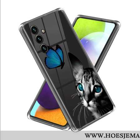 Hoesje Samsung Galaxy A15 Blauw Kat- En Vlinderpatroon Bescherming Hoesje