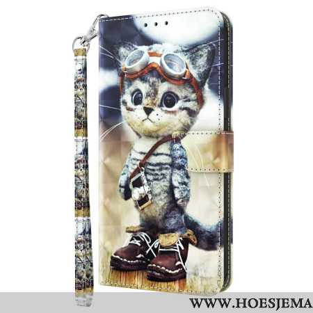 Flip Case Leren Samsung Galaxy A16 5g Vliegenier Kat Met Riem